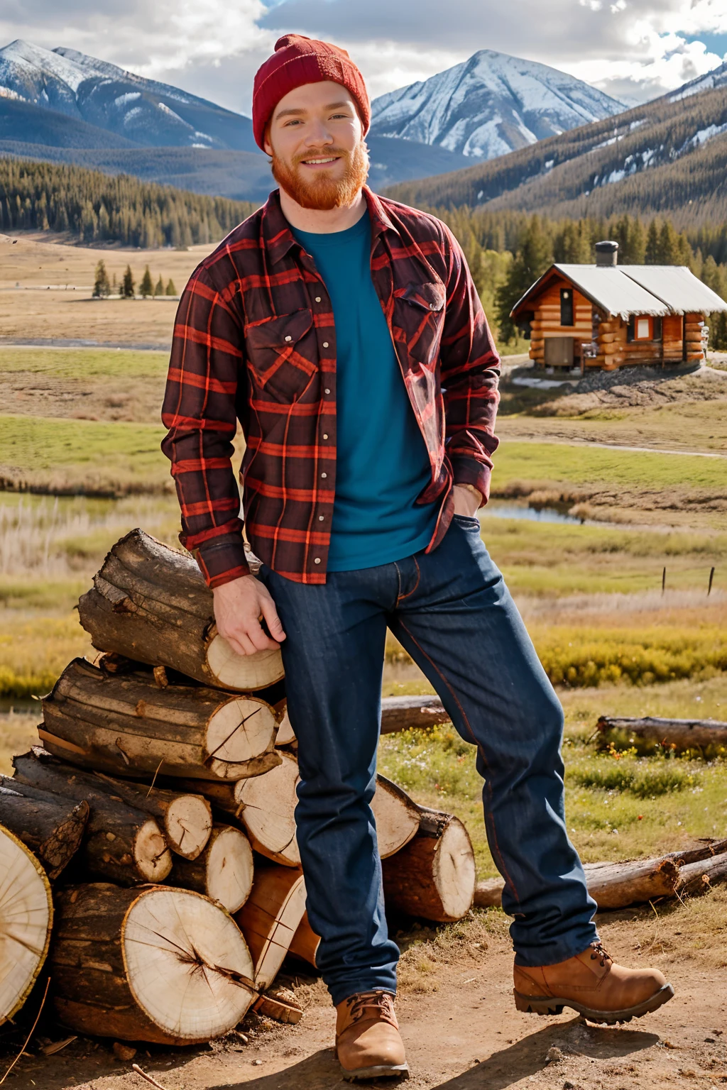 Montana mountain meadow, outdoors, ((log cabin) in background), firewood in foreground, smiling, beard, ginger hair, JamesJamesson, wearing red plaid shirt, denim blue jeans, hiking boots, wool beanie cap, (((full body portrait))), wide angle  <lora:JamesJamesson:0.8>