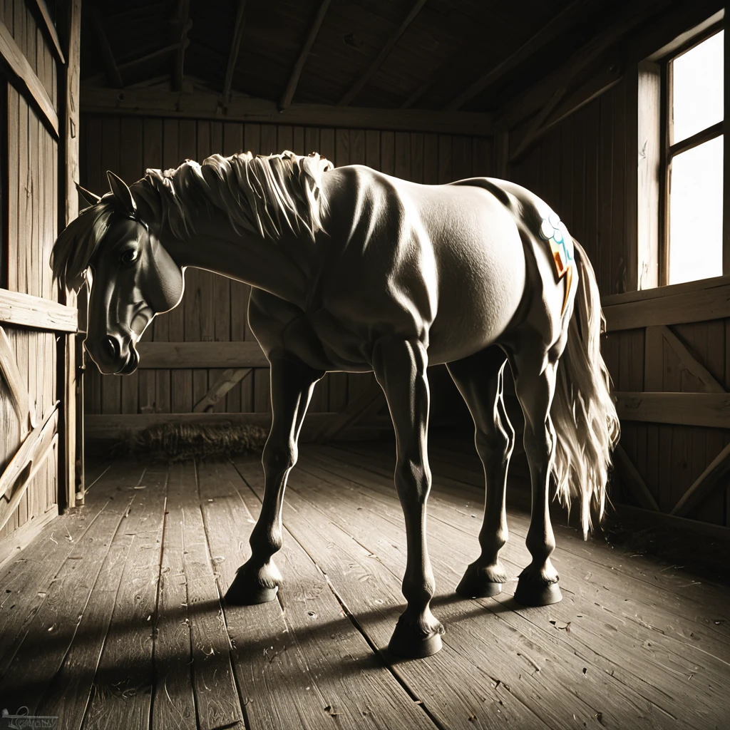 score_9, score_8_up, score_7_up, score_6_up, score_5_up, score_4_up, rating_safe, zPDXL2,source_photo,photrealistic,detailed,cinematic,monochrome,greyscale,1horse,solo,rainbow dash,indoors,barn,wooden walls