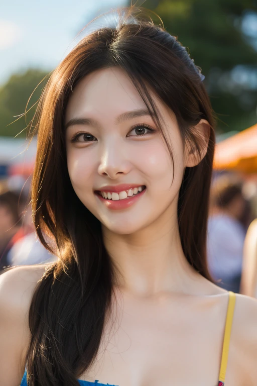 masterpiece, best quality, ultra-detailed, ultra high res, (photorealistic:1.4), raw photo, (realistic:0.2), 8k HDR, realistic lighting, looking at viewer, 1girl, solo, asymmetrical hair, outdoor, sky, (traditional market:1.2), bokeh, (detailed lips), (detailed pores), (detailed skin textures), (detailed face:1.2), (body:1.2), a woman portrait in a sundress, cowboy shot, smile, teeth, grin,