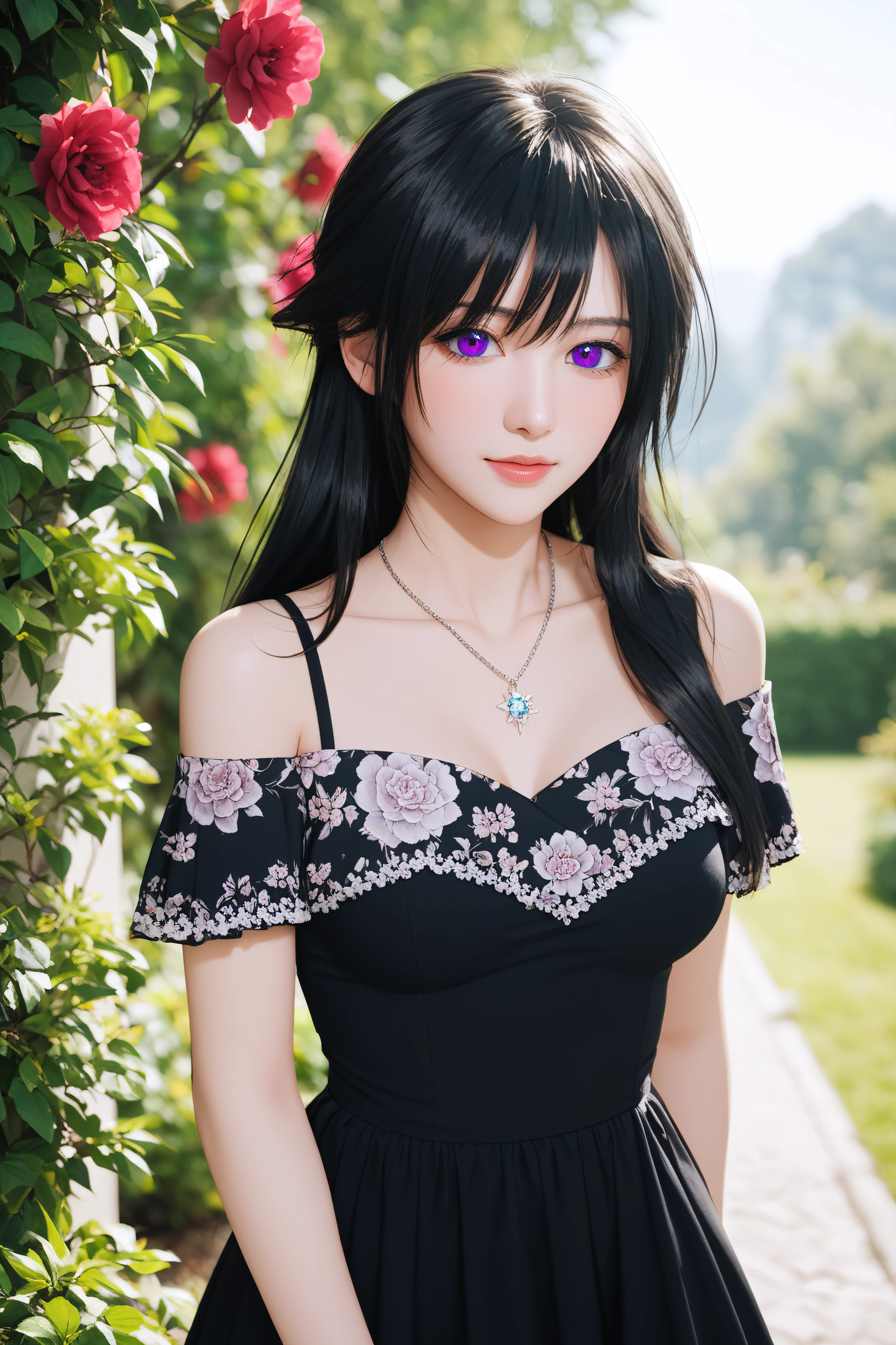 score_9, score_8_up, score_7_up, BREAK source_anime, <lora:Rainelle-PonyXL-lora-Faxtron:1> rainelle, purple eyes, black hair, long hair, shiny hair, medium breasts, necklace, black dress, bare shoulders, floral print, collarbone,