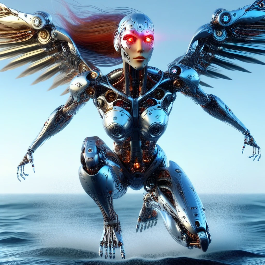 humanoid robot, 1girl, in mid-flight with mechanical wings outstretched, intricate wings designed with interlocking metallic feathers, robot joints visible throughout, full body view, realistic mechanical parts and details, solo figure, long flowing brown hair, strands flying back with the motion, glowing red eyes emitting a focused light, defined nose and lips, neutral facial expression, subtle glowing effect from facial plates, clearly defined breasts with mechanical detailing, mechanical arms extended outward, multiple hands with fingers spread, showcasing the complexity of mechanical fingers, powerful mechanical legs bent as if ready to land, mechanical feet without shoes, standing barefoot on the surface of the ocean, water splashing around from the impact, set against a backdrop of the open ocean, dramatic cloud formations in the sky, the setting sun casting a warm glow over the scene, blending advanced robotics with natural beauty, emphasizing the contrast between technology and nature, highlighting the elegance and power of the robotic figure