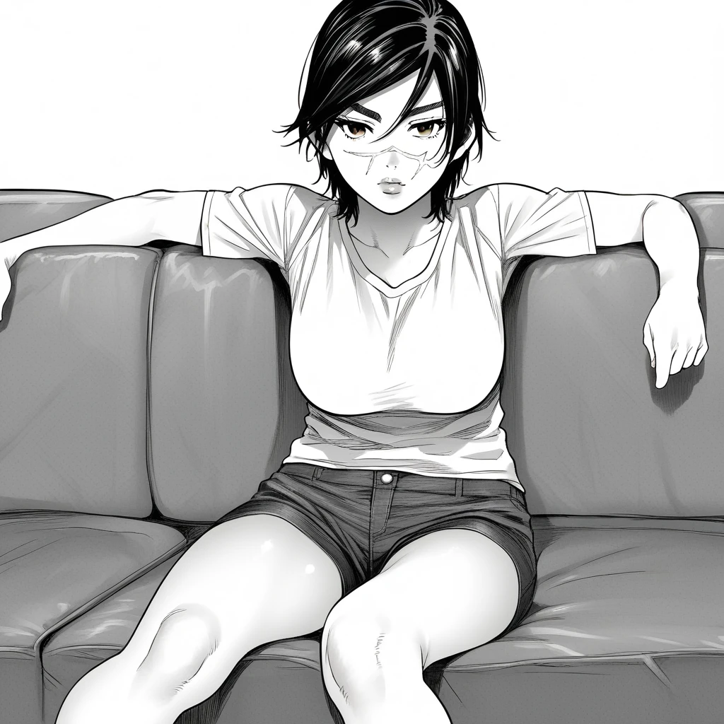 score_8_up, BREAK, SaichiSugimoto, 1girl, solo, black hair, short hair, brown eyes,  scar on face,  shirt, shorts, on couch,  <lora:female_SaichiSugimoto_PXL_Leaf1:0.8>, monochrome, greyscale,