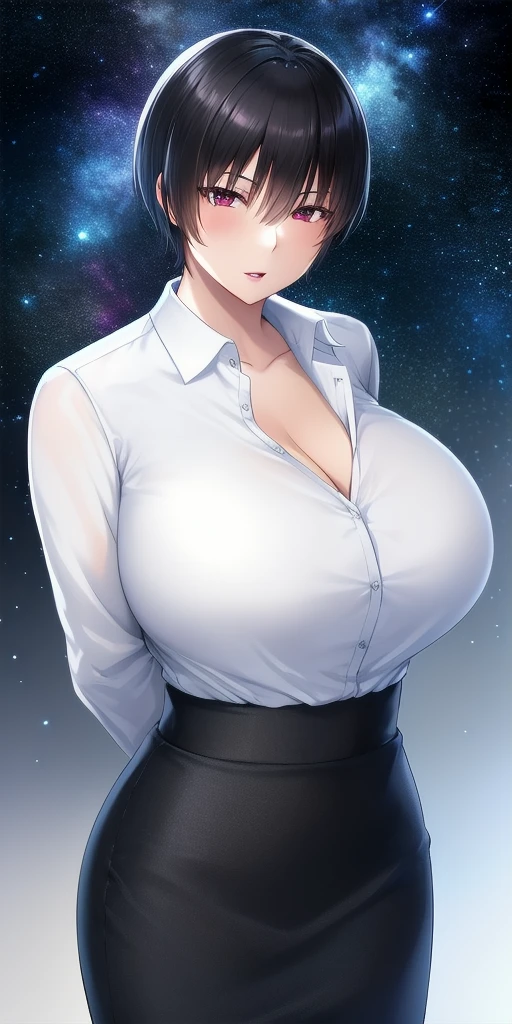 <lora:KaoruMizutaniV2:0.7> kaoru_mizutani, huge_breasts, standing, solo, arms_behind_back, starry_sky, pencil_skirt, dress_shirt, black_skirt, white_shirt,, masterpiece, best_quality, detailed_face, detailed_eyes, highres, beautiful, detailed, absurdres,