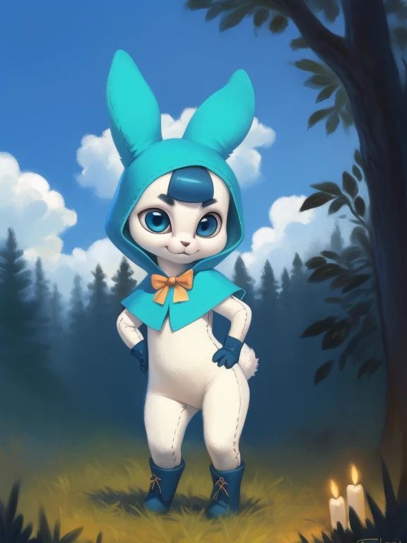 <lora:TadonaPopinQYif:1> TadonaPopinQ, hood with bunny ears, dark blue boots, dark blue gloves, dark blue bangs, bow tie, blue eyes, (plush doll body,) , chibi,
(solo focus), Looks at the viewer, ((Hands on hips, standing,))
[ large window, (nature), forest, grass, day shining, clouds, flowers, blanket, blue pillows, candles, bed, pillows, ]
(beautiful, aesthetic, perfect, delicate, intricate, saturated colors), masterpiece, digital drawing, best quality,
by ulitochka, by taran fiddler, by Silverfox5213, by personalami,