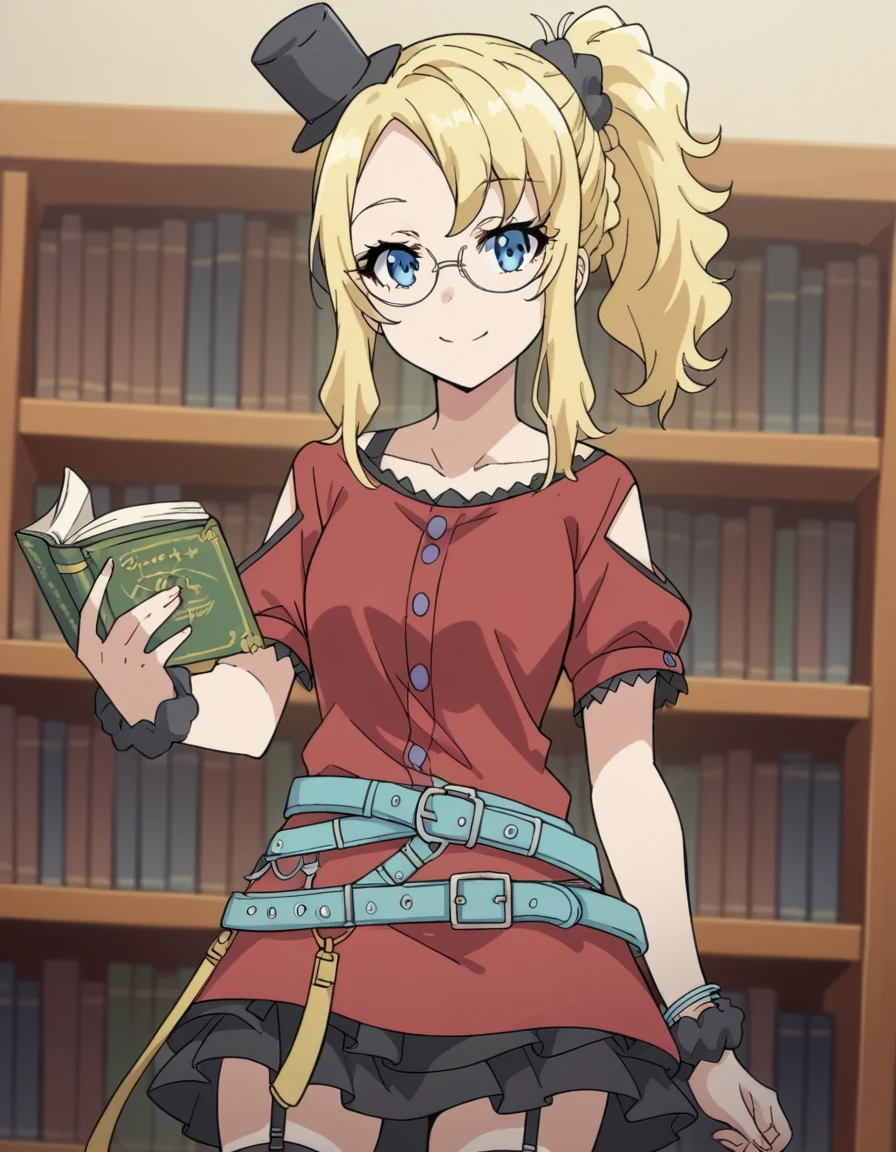 Melissa shiel,(From boku no hero academia anime),(wavy blonde hair, reaching halfway down her back) (wearing pink glasses with oval frames and a wrist watch), (water blue eye color), (and 169 cm tall