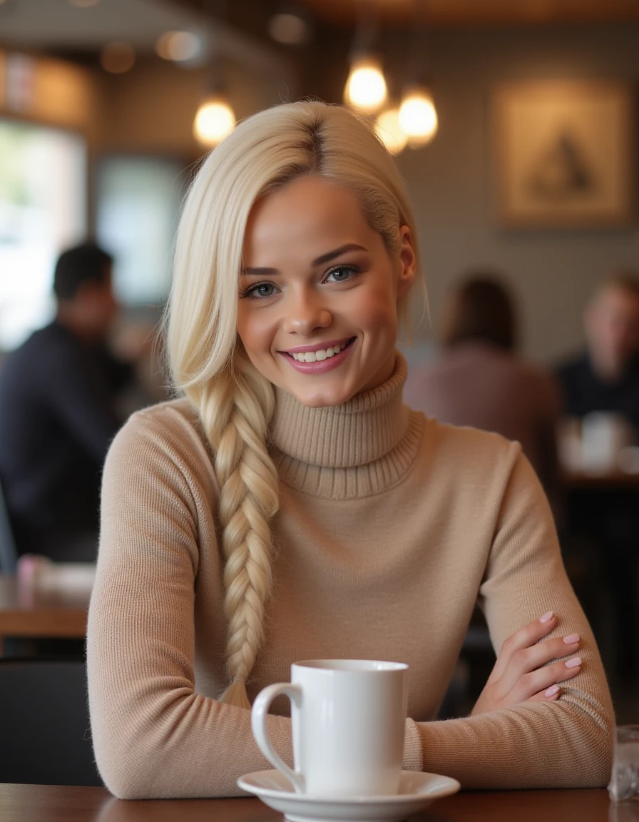 <lora:Elsa_Jean_Flux:1> realistic photo of  elsajean,  blonde, braid, makeup, wearing a turtleneck sweater dress, sitting in a cafe having a coffee, smiling, looking at viewer.