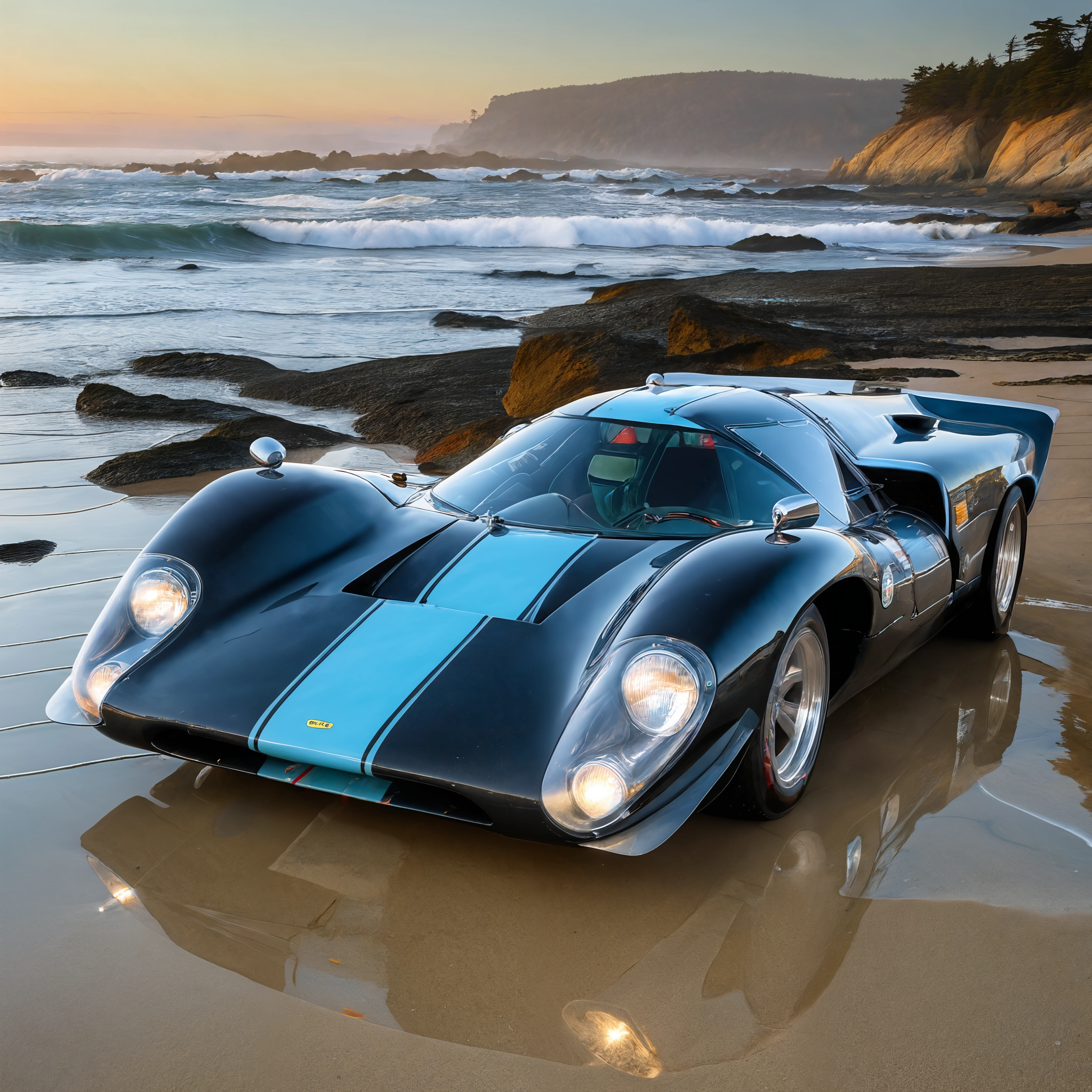 a photograph of a jet black lolat70mk3 sports car with Silver Blue stripes, mark 3, front 3/4 view, solo, dramatic sunrise side lighting, thunderclouds, (Point Lobos tide pools:1.25), 