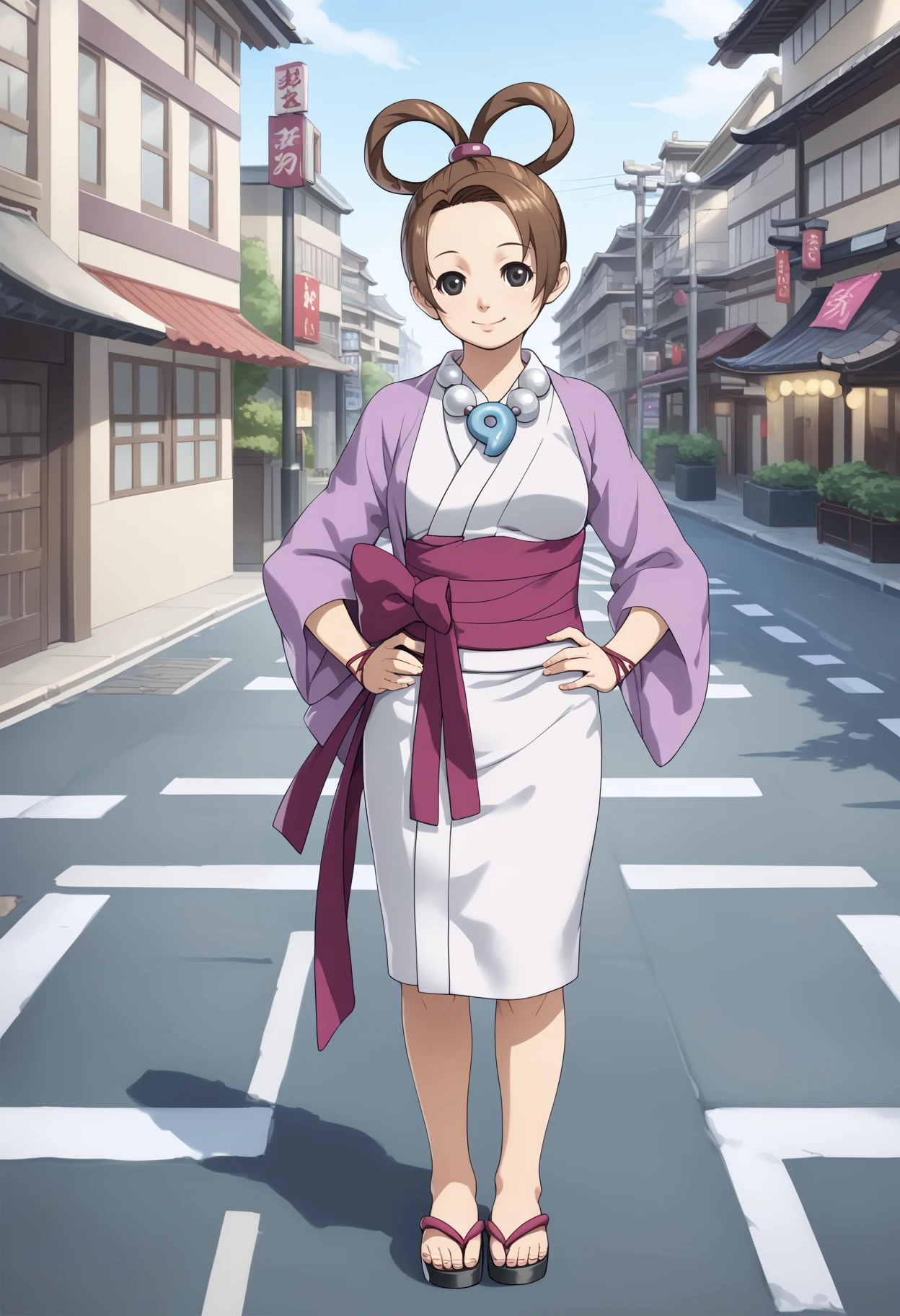 score_9, score_8_up, score_7_up, BREAK,
1girl, pearlfeyold, brown hair, hair rings, short hair, black eyes, mature,
japanese clothes, kimono, obi, magatama, necklace, sash, sandals,
smile, hands on hips, standing, full body, solo, looking at viewer, street, building, tokyo street background
 <lora:PearlFeyXL:1>