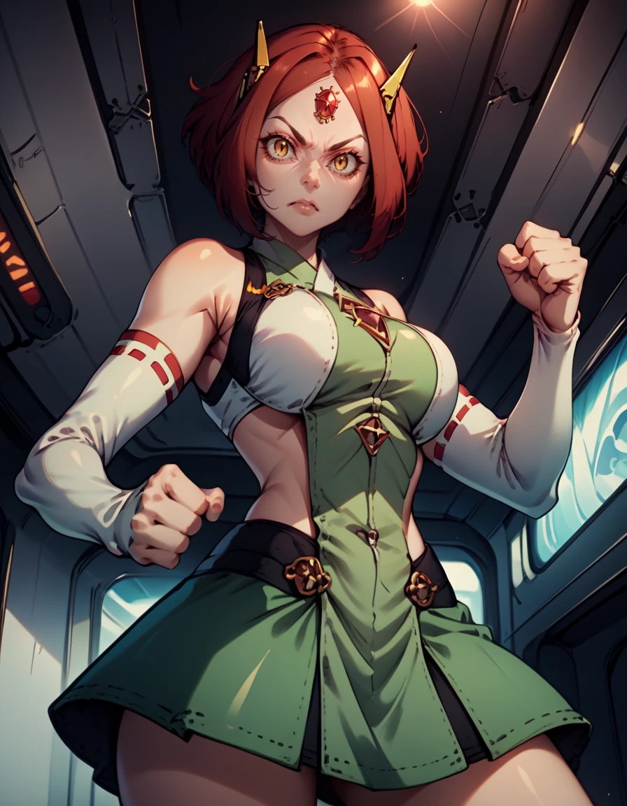 score_9, score_8_up, score_7_up,     
1girl, solo,
large breasts,
1girl, solo, 
KasameDG,
fighting stance, 
neon,  spacecraft interior, 
yellow eyes, short hair, red hair, 
 detached sleeves,elbow gloves, forehead jewel, headgear,skirt,
from below,
 <lora:Kasame DG PXL v01-000003:0.90>