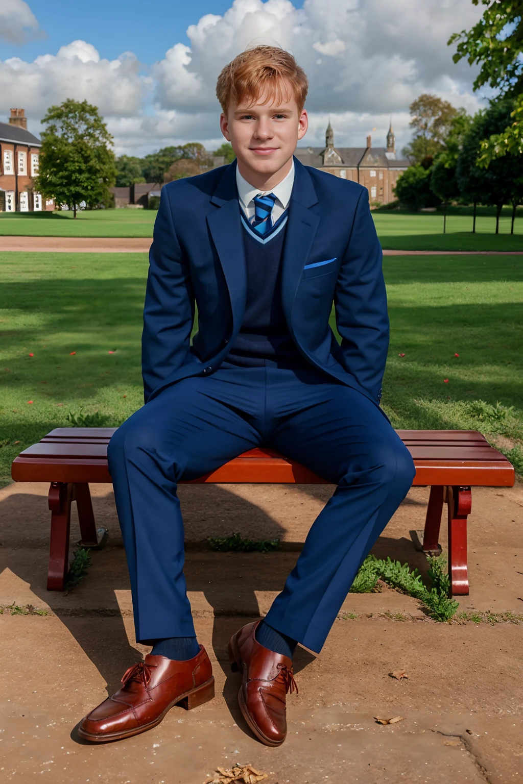 British private school in the background, sitting on a picnic bench, clean shaven, smiling, (strawberry blonde hair), OwenMichaels, wearing blue heartstopper uniform, slacks, brown dress shoes, (((full body portrait))), wide angle,  <lora:heartstopper_lora:0.85> <lora:OwenMichaels:0.8>