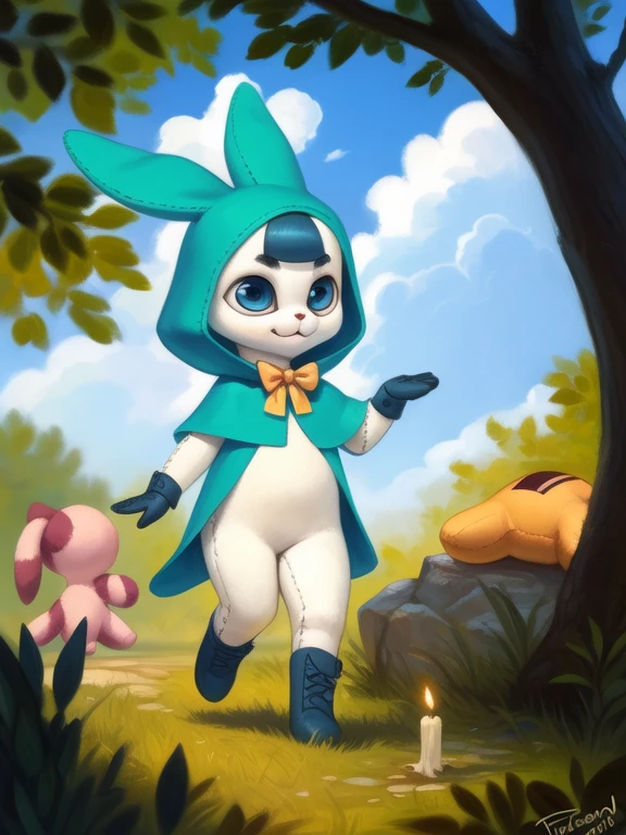 <lora:TadonaPopinQYif:1> TadonaPopinQ, hood with bunny ears, dark blue boots, dark blue gloves, dark blue bangs, bow tie, blue eyes, (plush doll body,) , chibi,
(solo focus), Looks at the viewer, (( walking, ))  
[ large window, (nature), forest, grass, day shining, clouds, flowers, blanket, blue pillows, candles, bed, pillows, ]
(beautiful, aesthetic, perfect, delicate, intricate, saturated colors), masterpiece, digital drawing, best quality,
by ulitochka, by taran fiddler, by Silverfox5213, by personalami,