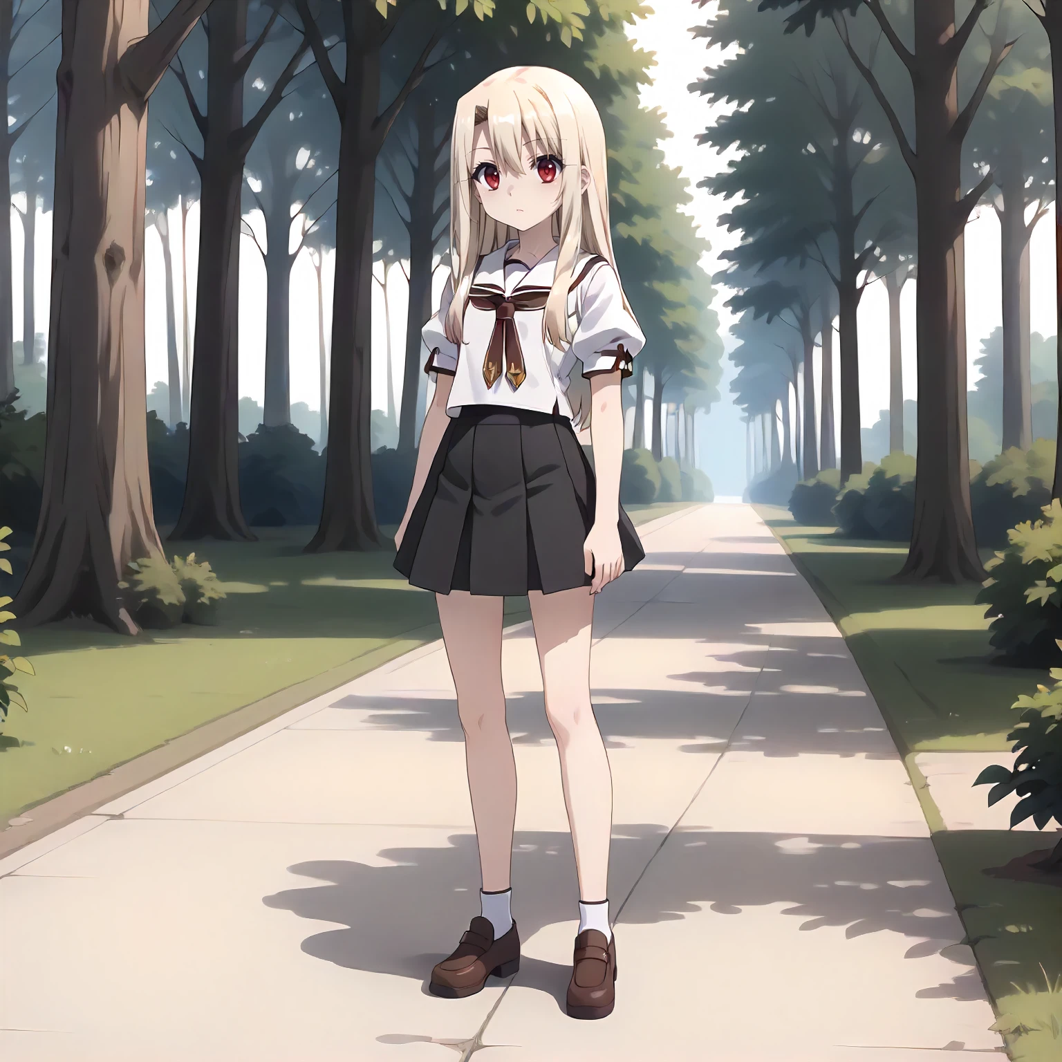 <lora:Fate_IllyaXLpony002>,
outdoors,nature,
solo,
Illya,1girl,blonde hair,long hair,red eyes,
white sailor color,white shirt,brown ribbon tie,puffy_sleeves,short_sleeves,
pleated_skirt,black skirt,
full body,standing,