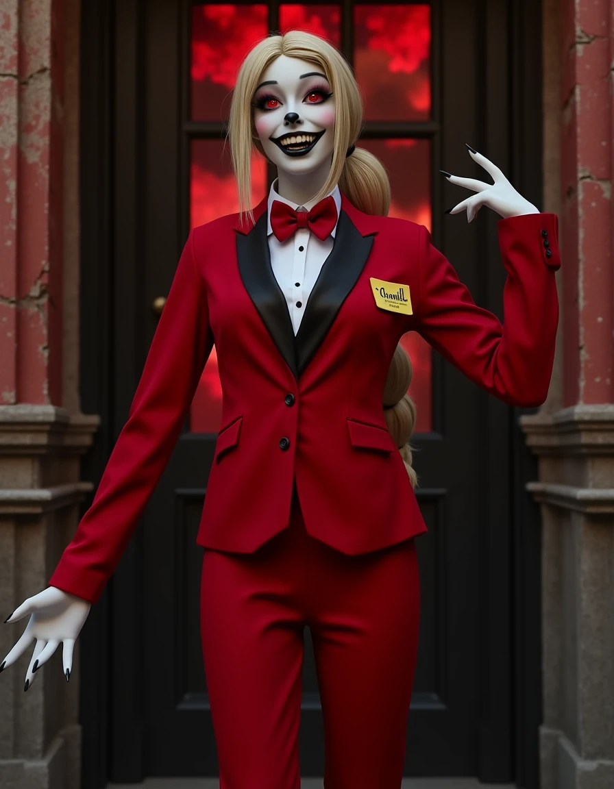 <lora:Charlie_Morning_Star_V2_Flux:1> photo realistic, true to life, highly detailed. solo. 1girl, charlie, red suit, yellow Scalera, red eyes, "Charlie" on name tag, bow tie, blonde hair, standing in front of large hotel door, ponytail, pale white skin tone, black fingernails, big smile fangs, mouth open, welcoming, arm stretched out, inviting, looking at viewer, black claws, full body shot, hooves, red pants, red skies outside windows, abandoned hotel, creepy vibe, red and black architecture, decrepit, run down