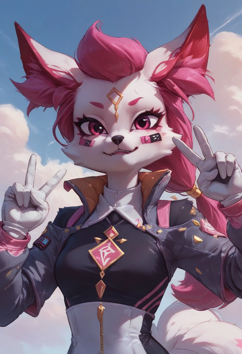 score_9, score_8_up, score_7_up, ultra quality, 1girl, Kimikoxl, anthro, fox girl, white fur, pink hair, ponytail, animal ears, animal nose, pink eyes, face markings, bandaid on face, bodysuit, collared jacket, long sleeves, upper body, white gloves, double v, outdoors, sunny