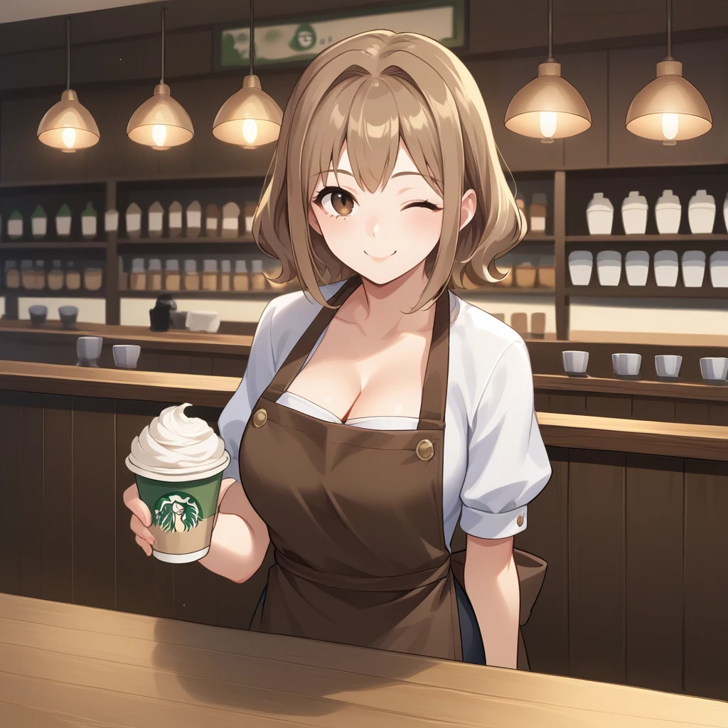 score_9, score_8_up, score_7_up, score_6_up, score_5_up, score_4_up, zPDXL2,source_anime,rating_questionable, 1girl,cleavage, wink, looking at viewer,  smile, <lora:Barista:0.8> b4rista, indoors, cafe, brown apron, bow