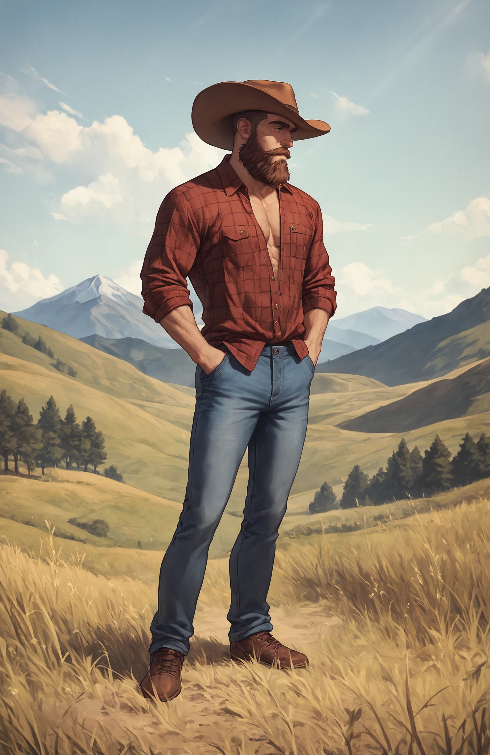 score_9, score_8_up, score_7_up, rugged cowboy man, wearing a brown cowboy hat and plaid flannel shirt, (sharp gaze:1.2), muscular build, jeans, clear sky, masculine and calm demeanor, focused expression, beard, facial hair, mustache, BREAK
standing confidently outdoors, hands casually in pockets,
outdoors in a dry open field, mountain range in the background, warm sunlight,