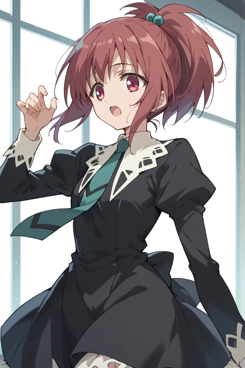 score_9, score_8_up, score_7_up, score_6_up,
 <lora:Nagisa_Aoi:1> nagisa, miator, 1girl, solo, school uniform, hair ornament, open mouth, ponytail, necktie, hair bobbles, :o, red hair, black dress, long sleeves,