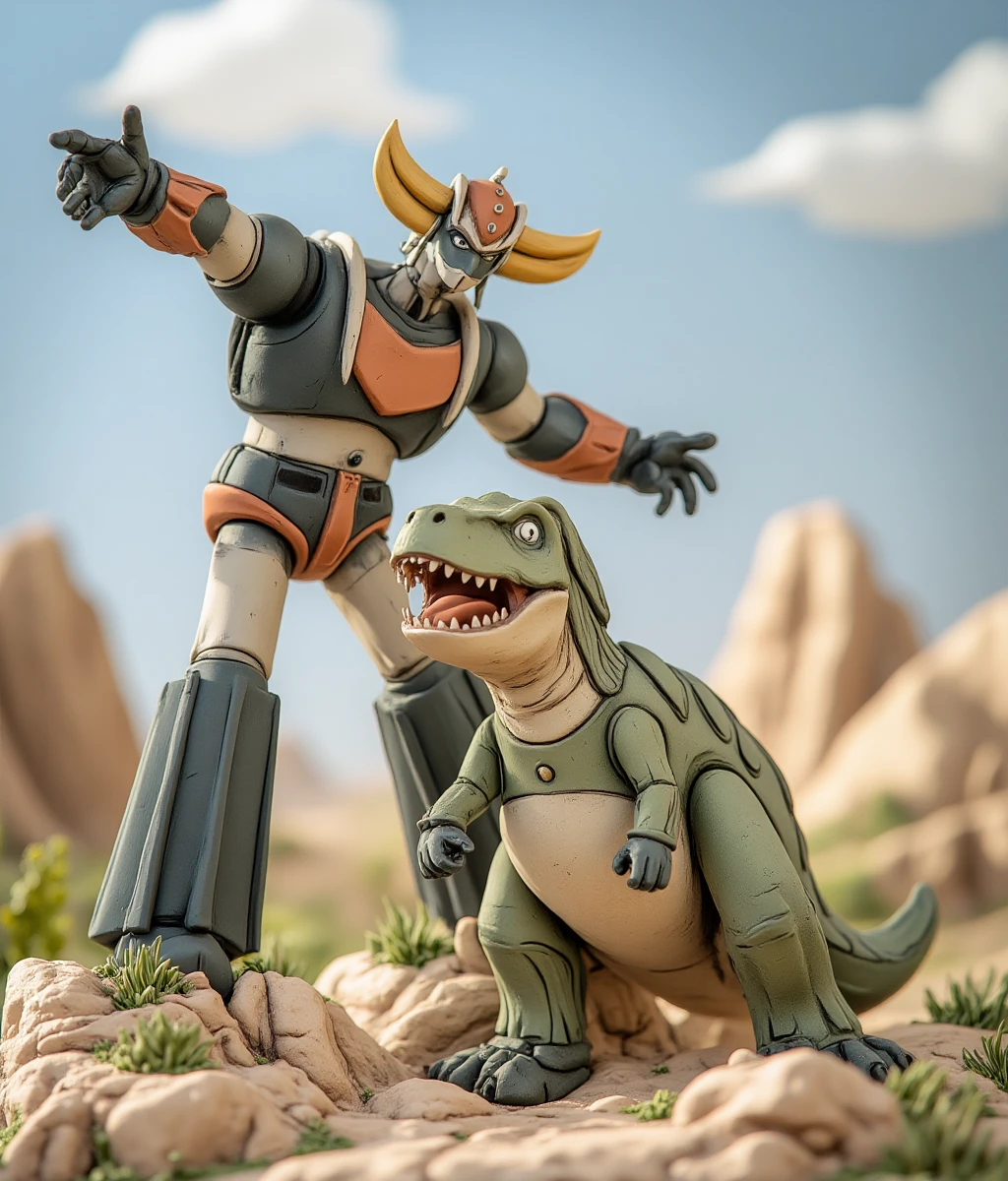 Juaner_clay of robot grend1ze4 character in action pose, fighting against a T-rex. The character's arms are extended outward, with fingers splayed, suggesting movement or action. in a rocky mountain