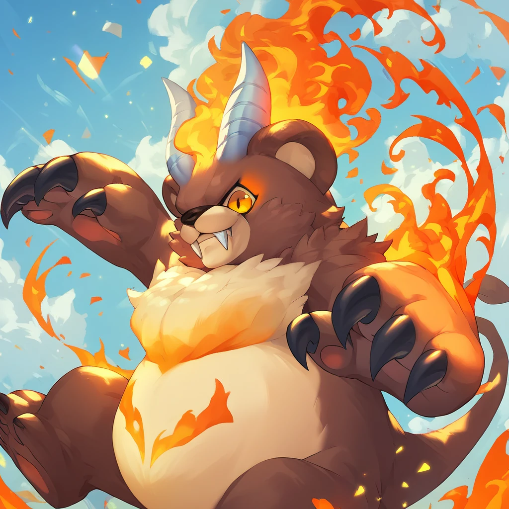 Arctos, bear, horns, fire on head, bear ears, fur, orange eyes, fangs, claws, tatoo on belly, fire on arms, tail, score_9, score_8_up, score_7_up, source_anime, 1girl, light particles, dramatical lighting, (detailed, light particles, dynamical lighting, masterpiece, beautiful art, delicate artwork), score_9, score_8_up, score_7_up,