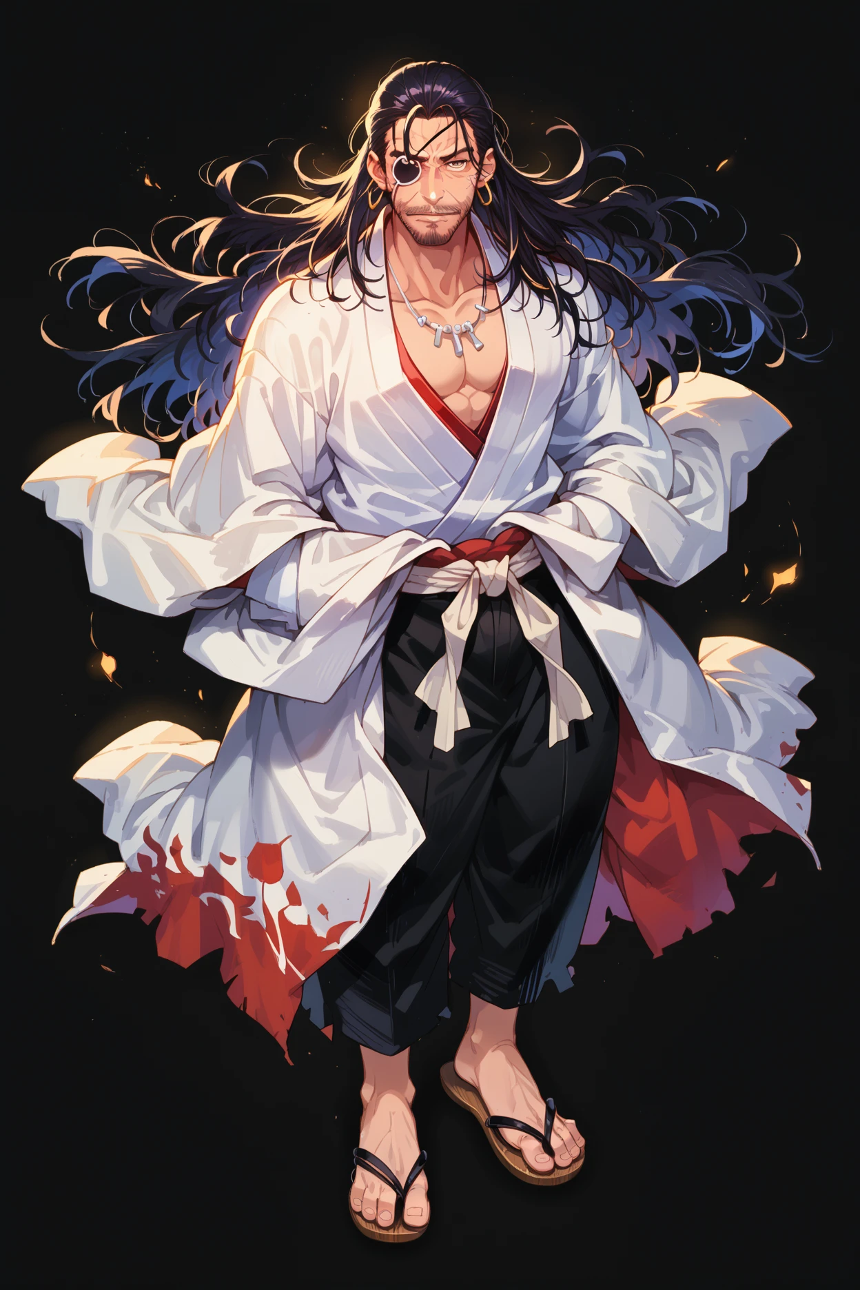 oda_nobunaga_\(drifters)\, facial hair, black hair, eyepatch, white kimono, black pants, sandals, japanese clothes, full body, black background, looking at viewer, <lora:oda_nobunaga-000019:0.85>,, score_9, score_8_up, score_7_up, score_6_up