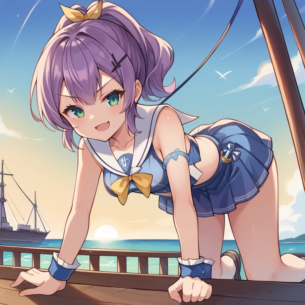 score_9_up, score_8_up, score_7_up, source_anime, masterpiece, best quality, 1girl, solo, Javel_Azur, Jav_Sailor, net, ship deck, sun light, sea, crawling on all fours, from below, looking at you, face focus, smug smirk, half-opened mouth, javelin (azur lane), purple hair, green eyes, ponytail, mini crown, hairclip, blue shirt, white sailor collar, sleeveless shirt, yellow bow, bowtie, blue skirt, pleated skirt, midriff, white ribbon, blue wrist cuffs, dynamic cowboy shot, outdoors, ship background