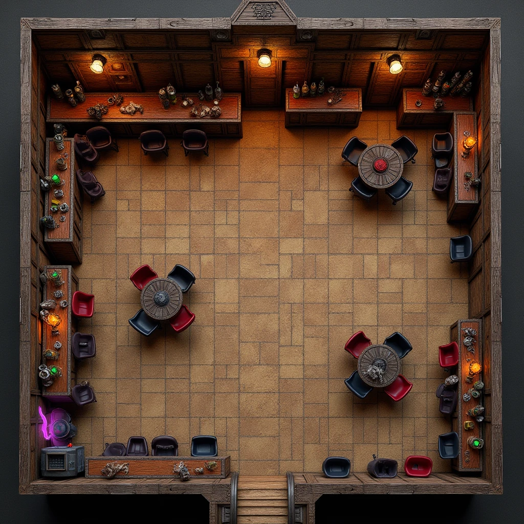 RPGmap a battle map of a fantasy tavern with rustic furnishing.  There is a bar with bar stools.  There is a stage.  There are tables and chairs.  There drinks, bottles, and mugs.  Top down view.  Birds eye view.  From above.
