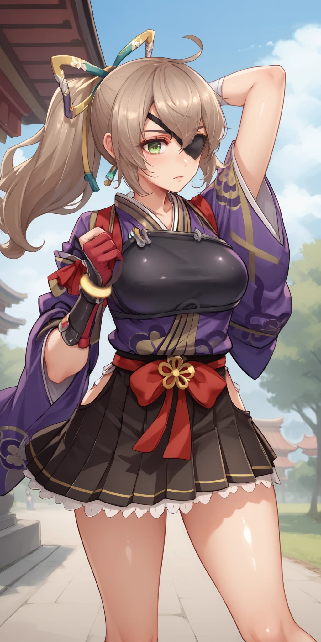 score_9, score_8_up, score_7_up, 1girl, mature female, shiny skin, <lora:Expressive_H:0.8>, <lora:Monica-10:0.8>,monica, ponytail, light brown hair, long hair, green eyes, hair ornament,  japanese clothes, black skirt, solo, purple kimono, wide sleeves, ribbon hair, red ribbon, pleated skirt, single glove, eyepatch, ahoge,outdoors, park, wind, east asian architecture, arm behind head,