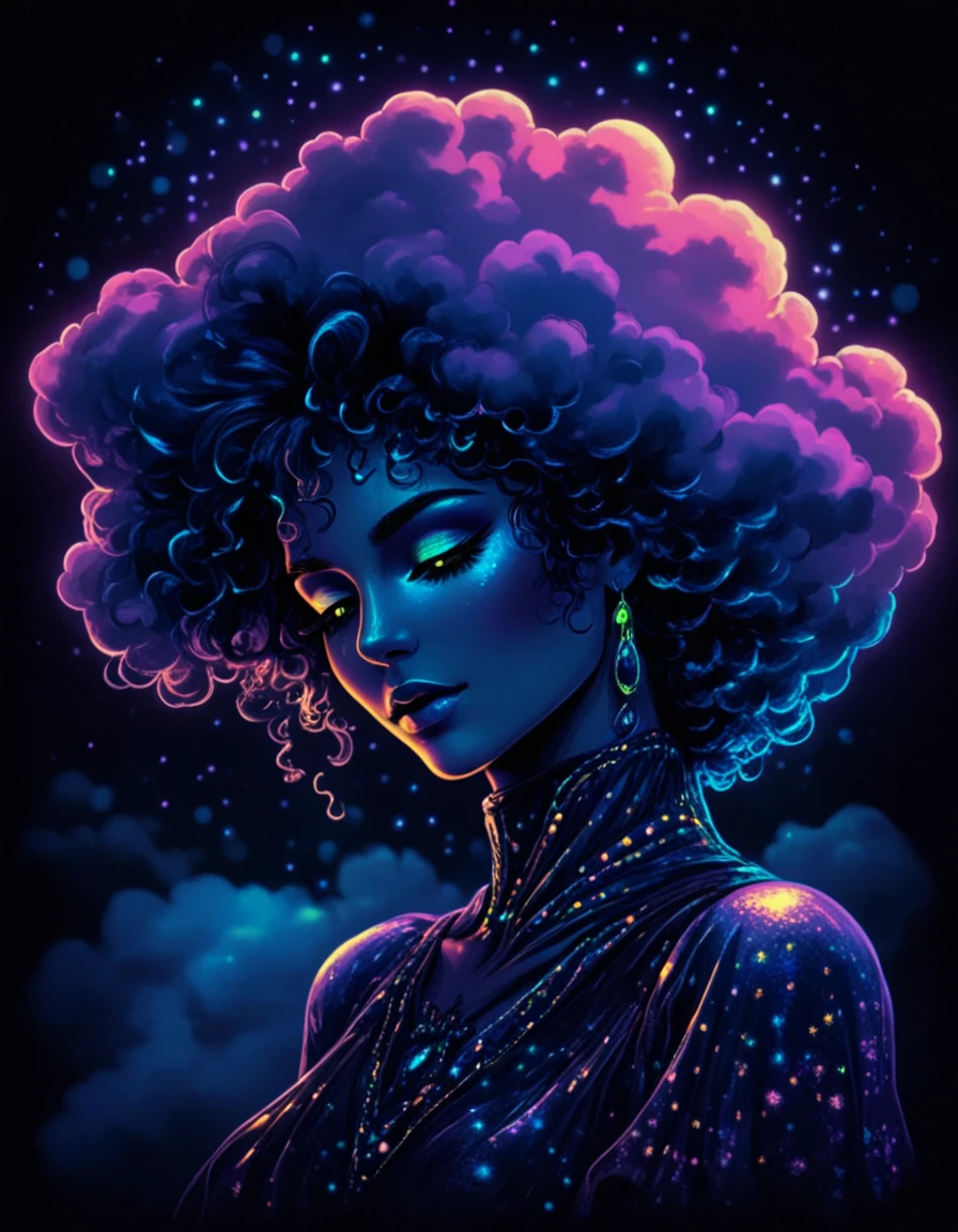 novuschroma80 style disco woman  in the shape of a cloud  blacklight art <lora:novuschroma80 style:1>