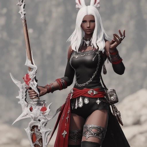 dt_xiv_style, 1girl, solo, long hair, looking at viewer, thighhighs, animal ears, jewelry, medium breasts, weapon, white hair, earrings, sword, dark skin, rabbit ears, dark-skinned female, lips, blurry background, ring, viera, score_9, score_8_up, score_7_up, score_6_up, score_5_up, score_4_up, Show less