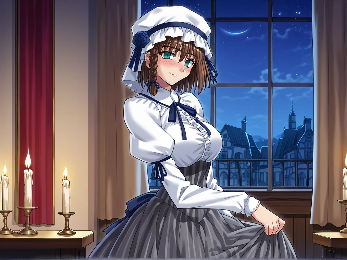 1girl, short hair, brown hair, braid, green eyes, bonnet, white shirt, long sleeves, ribbon, red flower, white flower, grey skirt, corset, big breasts, suspenders, Vertical-Striped Clothes, indoors, mansion, window, night, night sky, pen mouth, looking at viewer, seductive smile, blushing, red curtains, candlelight, hand up, skirt lift, lifted by self, bloomers, ass, clothing cutout <lora:charlotte_corday:1> <lora:Fate_VN:1>, score_9, score_8_up, score_7_up, score_6_up, score_5_up, score_4_up, BREAK source_anime, masterpiece