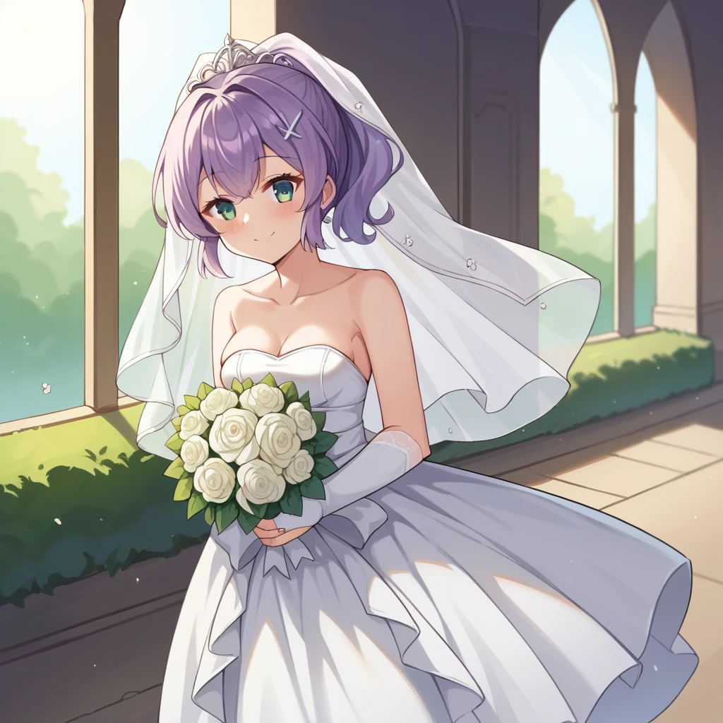 score_9_up, score_8_up, score_7_up, source_anime, masterpiece, best quality, 1girl, solo, Javel_Azur, Jav_Wed, sun light, flower bushes, standing, holding bouquet, happy smile, blush, javelin (azur lane), purple hair, green eyes, ponytail, wedding dress, strapless dress, white dress, bridal veil, white bridal gauntlets, collarbone, tiara, white pantyhose, dynamic cowboy shot, indoors, garden background