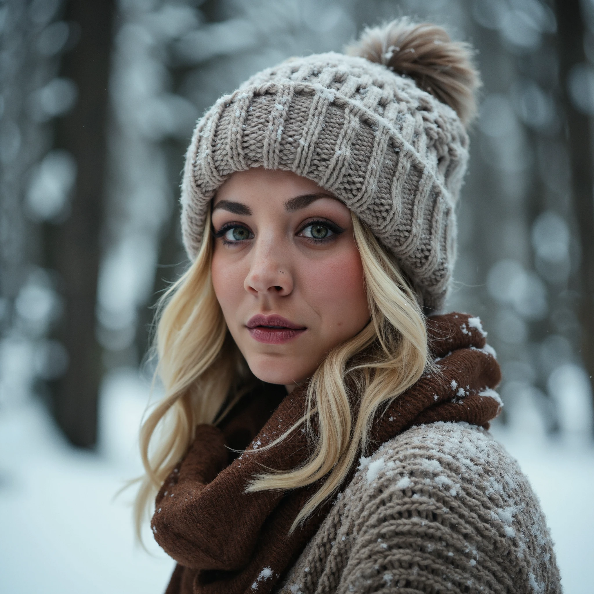 Create a detailed, close-up portrait photograph of k4ycuoco standing in a snowy, dense forest. she is wearing a cozy bobble hat and a warm scarf to protect them from the cold. Her wavy blonde hair peeks out from underneath her bobble hat and falls gracefully down her back. The forest is filled with tall, snow-covered trees and the ground should be blanketed with fresh, white snow. The atmosphere is peaceful and serene, with a hint of mystery and wonder. The lighting is soft and natural, coming from the sky above and reflecting off the snow. The overall mood is one of solitude and introspection, as she takes a moment to appreciate the beauty of their surroundings.<lora:flux_realism_lora:1><lora:KaleyCuocoFlux_V1>