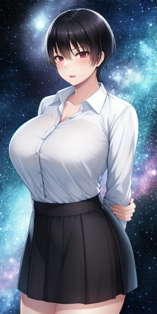 <lora:KaoruMizutaniV2:0.7> kaoru_mizutani, huge_breasts, standing, solo, arms_behind_back, starry_sky, pencil_skirt, dress_shirt, black_skirt, white_shirt,, masterpiece, best_quality, detailed_face, detailed_eyes, highres, beautiful, detailed, absurdres,