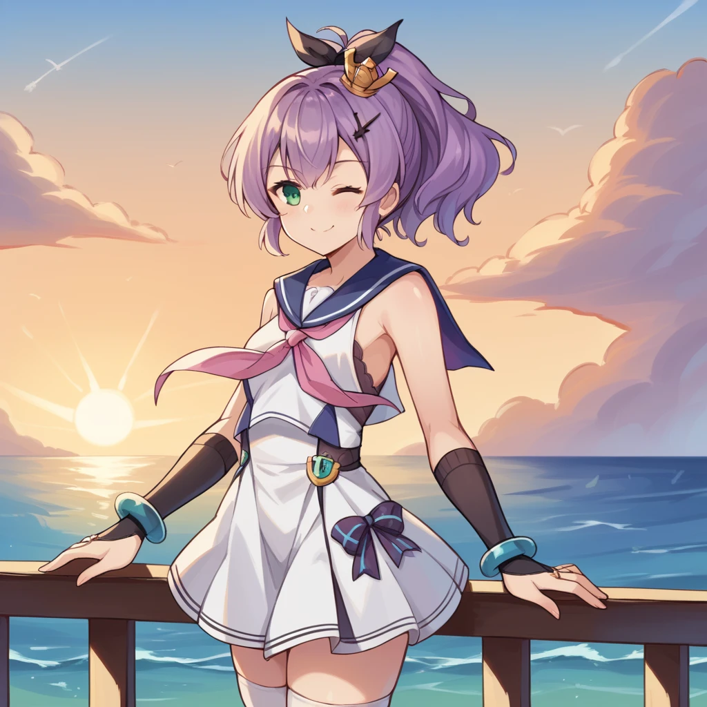 score_9_up, score_8_up, score_7_up, source_anime, masterpiece, best quality, 1girl, solo, Javel_Azur, Jav_Refit, sun light, sea, port, standing, hand on railing, hand in hair, windy, wink, sweet smile, from side, looking ahead, javelin (azur lane), purple hair, green eyes, ponytail, mini crown, hairclip, sleeveless dress, white dress, pink neckerchief, blue sailor collar, black bridal gauntlets, bracelet, black ribbon, white thighhighs, pleated skirt, dynamic cowboy shot, outdoors, sky clouds background