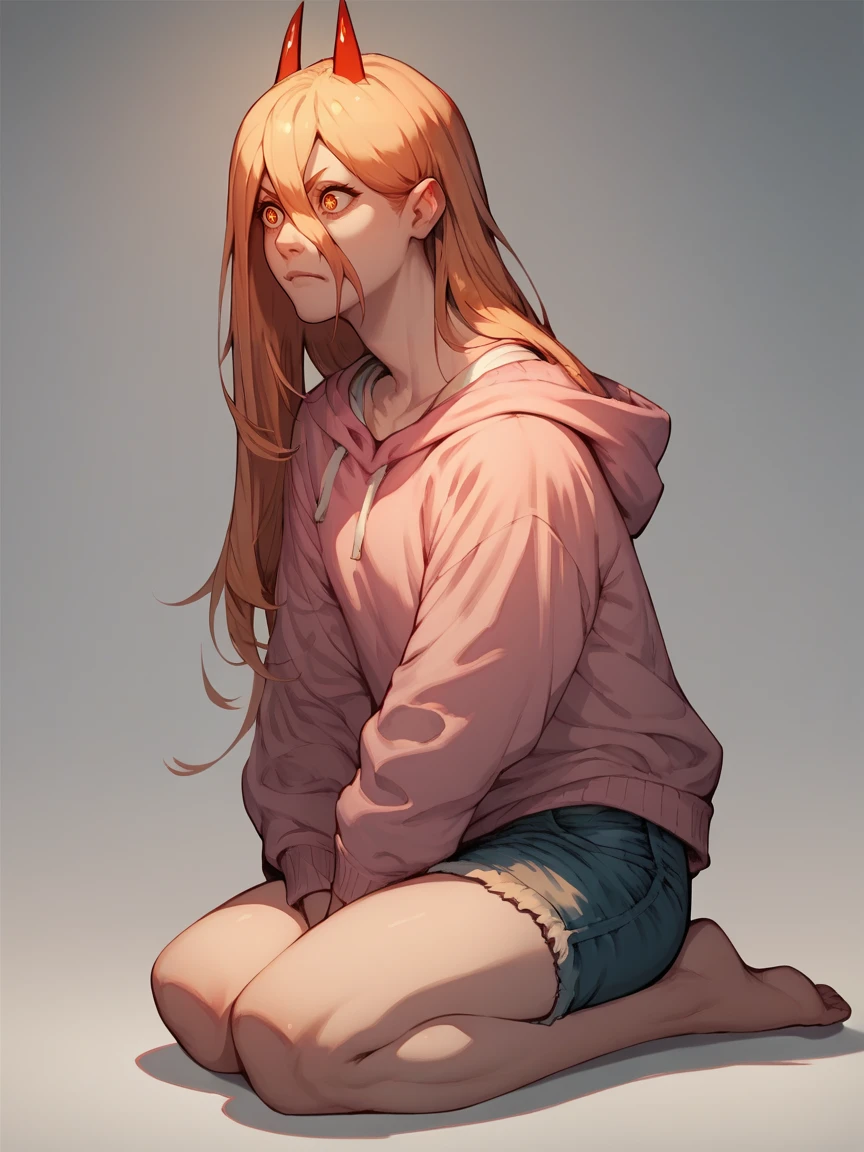 score_9, score_8_up, score_7_up, score_6_up, score_5_up,    <lora:powerXLP:1> 1girl, power, horns, ginger hair, long hair, solo, cross-shaped pupils, full body, pink sweater, denim shorts, kneeling