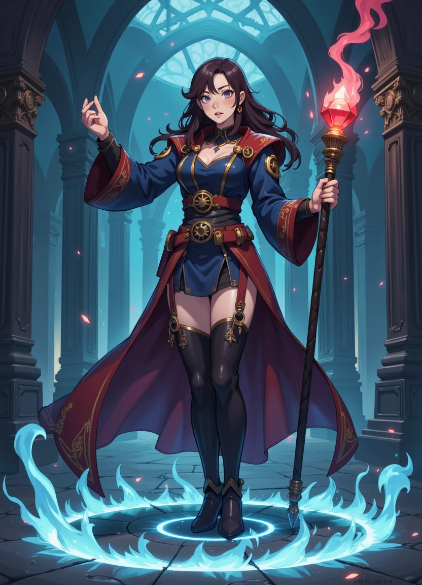 fca_style, an adult woman mage wearing steampunk robes, holding a staff with a red crystal at the end as she casts a magic spell, surrounded by a glowing blue alchemical circle on the ground