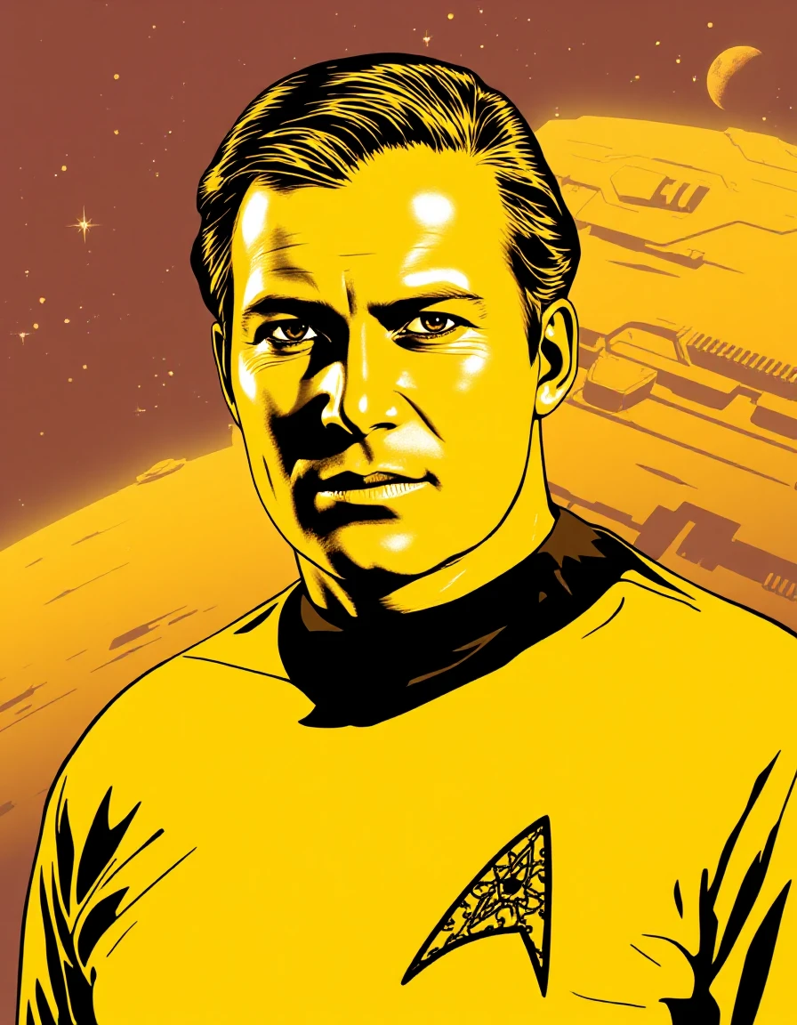 line art drawing breathtaking    <lora:flux-kirk:1.3>  captain, james, tiberius, kirk, man, star, trek, man yellow star trek original series, starfleet uniform,first enterprise background, confident gaze, futuristic background, space-themed imagery, 3d studio, 3d render . professional, sleek, modern, minimalist, graphic, line art, vector graphics