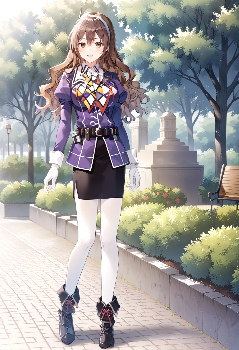full body, standing, park, <lora:KC_03HC_ashigara_pony:1> ashigarakc, brown_hair, long hair, wavy hair, headband, brown eyes, medium breasts, ashigarakaikc, purple jacket, military uniform, long sleeves, neckerchief, white gloves, black belt, black skirt, pencil skirt, white pantyhose, black boots, score_9,score_8_up, score_7_up, source_anime, masterpiece, best quality, official art, official style, game cg, megami magazine, rating_safe, rating_questionable, <lora:Fixhands_anime_bdsqlsz_V1:0.75>, NEGATIVE_HANDS