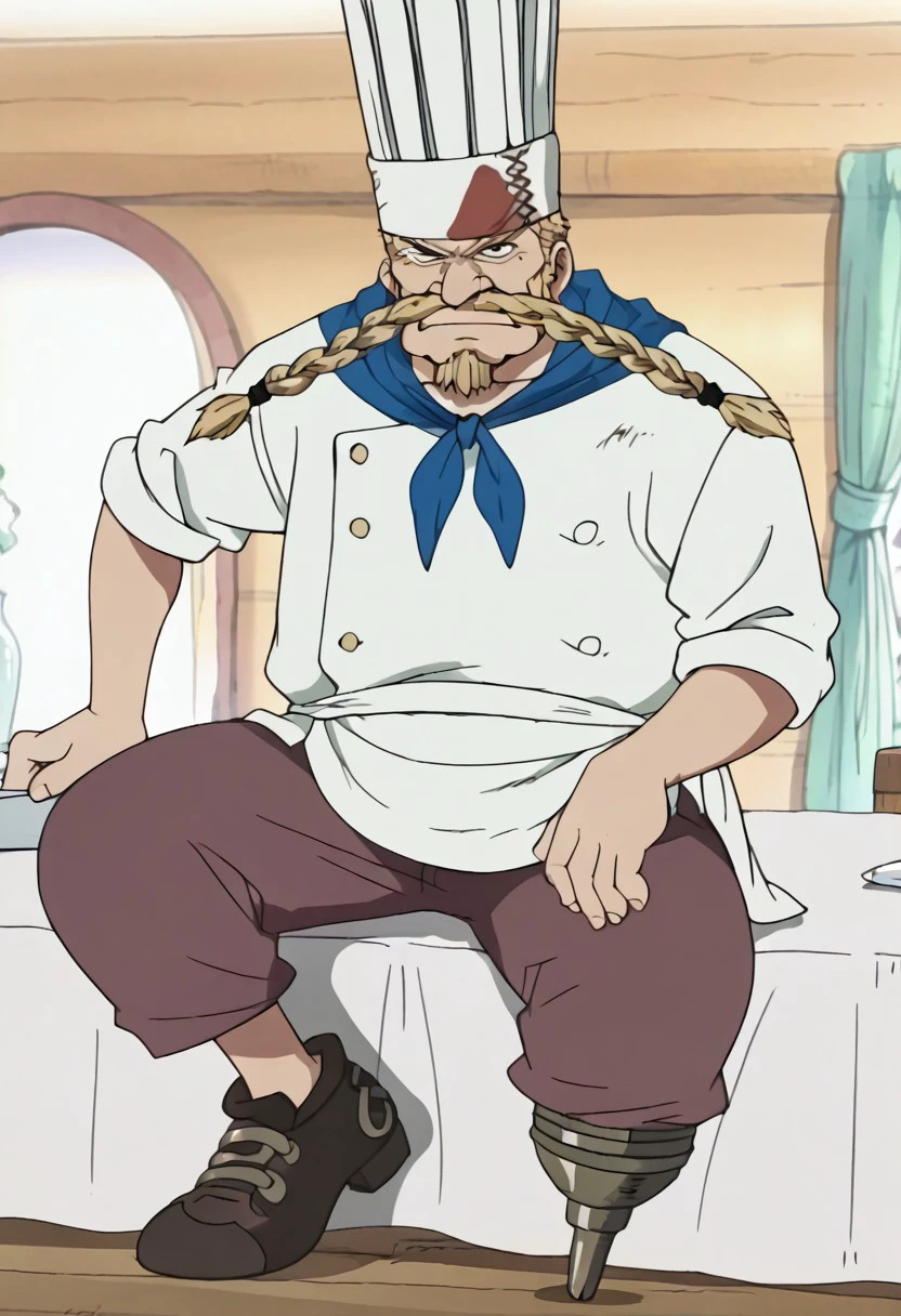 score_9, score_8_up, score_7_up, source_anime, rating_safe, ZeffOP, blonde_Zeff_hair, yellow_Zeff_twin braids facial hair, 1boy, male focus, anime screencap, white_Zeff_chef hat, white_Zeff_shirt, blue_Zeff_neckerchief, white_Zeff_waist apron, brown_Zeff_pants, black_Zeff_single shoe, brown_Zeff_prosthesis pirate leg, yellow_buttons,