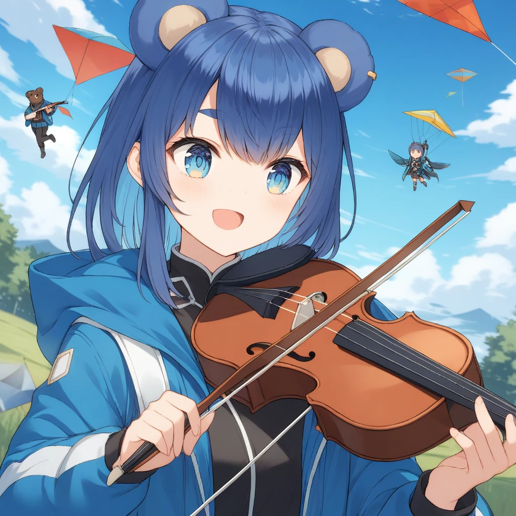 uruka, original outfit, bear ears, blue hair, blue eyes, open jacket,
holding a violin, outdoors, kite, nature, 
 <lora:URUKA-XL-t4-000004:0.6>