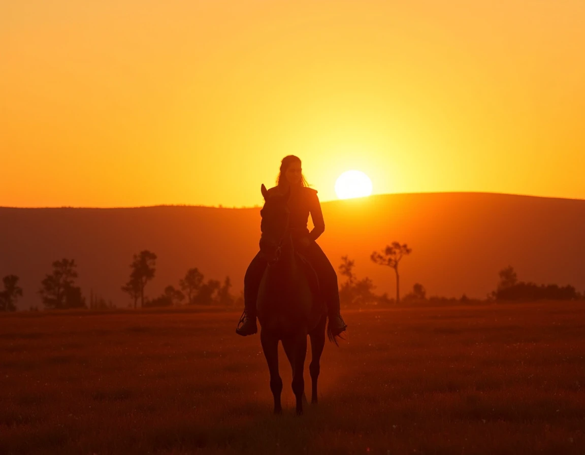 <lora:Jessica_Green__Talon_The_Outpost:1.1> b4a woman talon. Sunset Ride: Talon is shown riding her horse across an open plain at sunset. The golden light bathes both her and the horse in a warm glow, highlighting the strength and bond between them. The background is a stunning sunset with rolling hills and a few scattered trees, capturing a moment of calm and reflection in her journey.