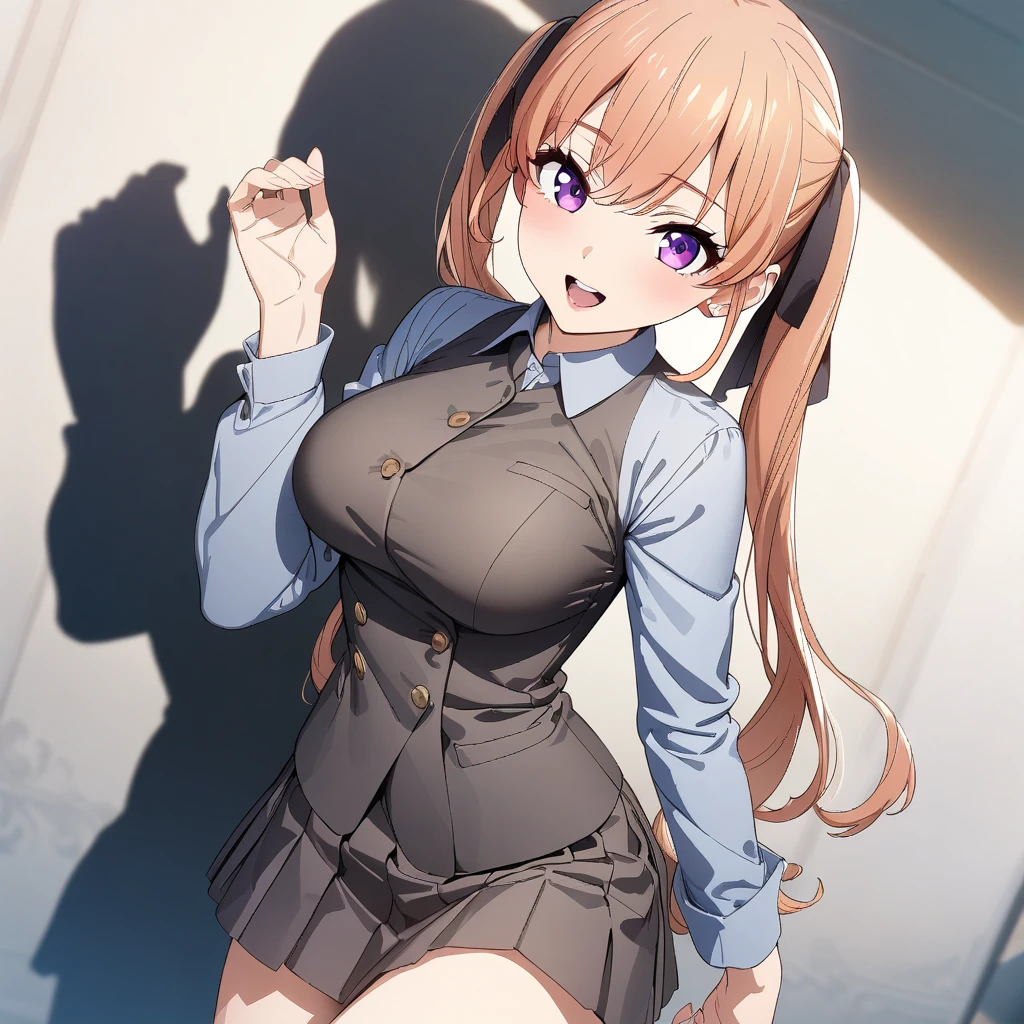 erika_amano, brown hair, purple eyes, twintails, large breasts, school uniform, brown short, pleated skirt, brown skirt, black stocking, cowboy shot, seductive smile, open mouth<lora:XL-ErikaAmano:1>, (masterpiece),(best quality),(ultra-detailed),(best illustration),(best shadow),(absurdres),(detailed background),(very aesthetic),