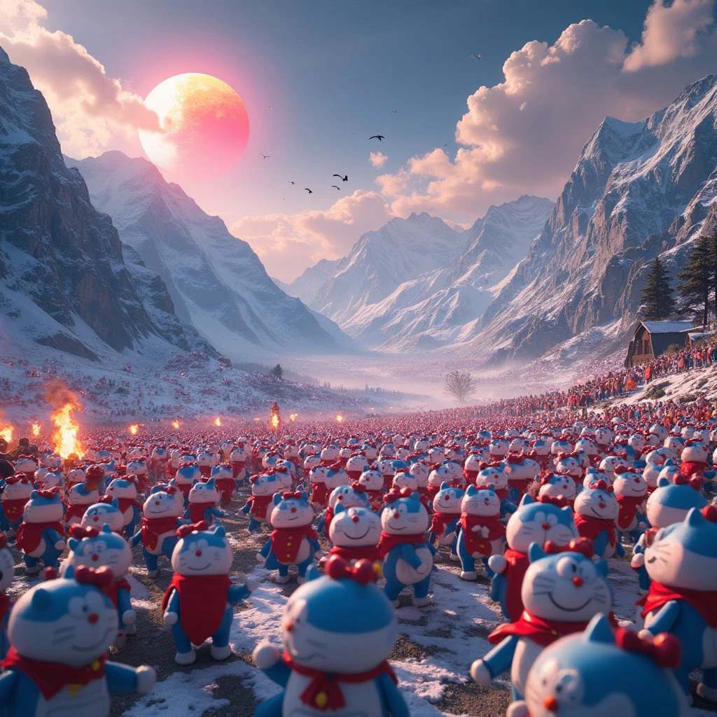 an extreme wide shot of a battlefield between an army of ((Doraemons)) against an army of ((Hello Kittys))panda bears, BREAK, there are mountains on the background as high as Mount Everest, a frozen valley, two red suns in the sky, fire and explosions abound, cinematic volumetric lighting, shot with Sony Fx6