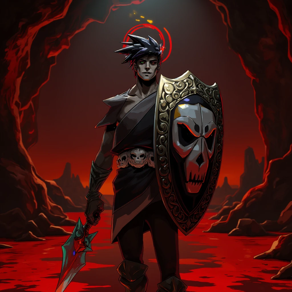 <lora:ZagreusFlux:1>Zagreus Hades, video game poster promotional material, holding a greek shield, in location surronded by a red lake made out of magma that is located underground in a cave system, His eyes are strikingly different colors; his left eye is a vibrant green, while the right eye is a deep red, full body view