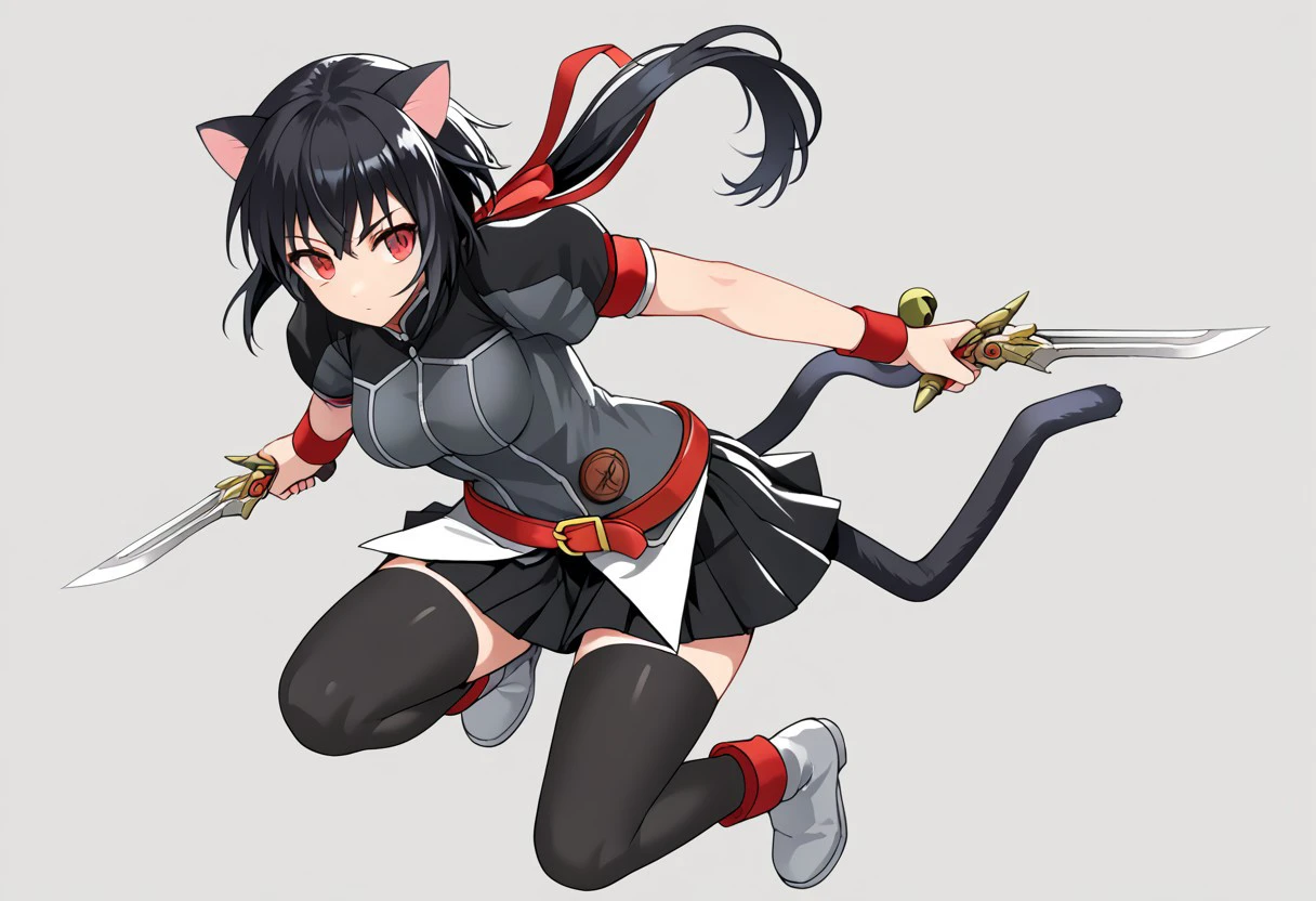 score_9, score_8_up, score_7_up, source_anime, good anatomy, detailed face, beautiful face, 1girl, solo, NoirVinocacao, catgirl, cat ears, cat tail, red eyes, black hair, short hair, red hair ribbon, long hair, ponytail, black genois uniform, medium breasts, red belt, puffy short sleeves, puffy sleeves, short sleeves, red armbands with bells, short skirt, miniskirt, pleated skirt, black thighhigh, red and black boots, fighting stance, jumping, on one leg, dual wielding, dual wielding daggers, one leg raised, on knee raised