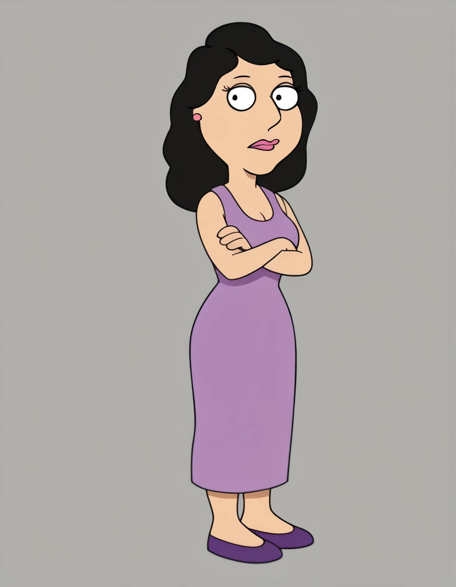 <lora:BonnieFGPony:1> bonnie, 1girl, long hair, black hair, solo, purple dress, earrings, lipstick, breasts, black eyes, shoes,crossed arms, kitchen,, looking at viewer, cowboy shot, standing,simple background,, score_9, score_8_up, score_7_up, score_6_up, score_5_up, score_4_up