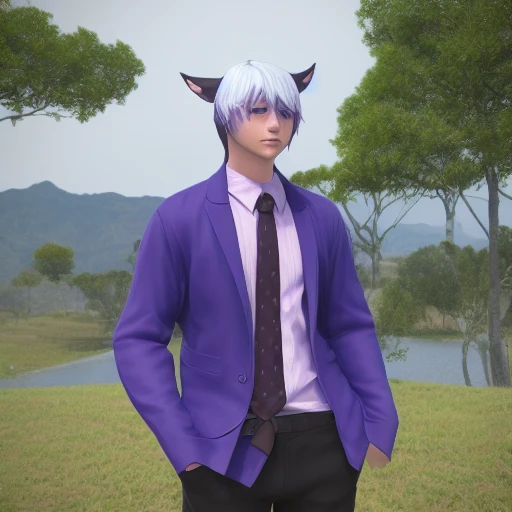 dt_xiv_style, looking at viewer, short hair, blue eyes, shirt, animal ears, jewelry, jacket, purple hair, white hair, male focus, earrings, outdoors, multiple boys, necktie, sleeveless, 2boys, tree, rain, miqo'te, score_9, score_8_up, score_7_up, score_6_up, score_5_up, score_4_up,