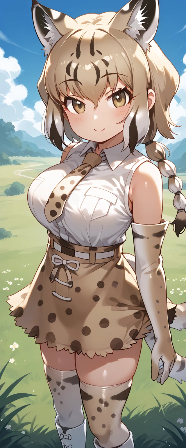 score_9, score_8_up, score_7_up, score_6_up, source_anime, rating_explicit BREAK 1girl, solo, <lora:bobcat_kf_pony_v1:1>, bobcat (kemono friends), lynx girl, animal ears, lynx ears, animal ear fluff, extra ears, lynx tail, tail, multicolored hair, white hair, blonde hair, black hair, brown hair, braid, braided ponytail, short hair, sidelocks, animal prints, large breasts, bobcat1st, shirt, white shirt, sleeveless, sleeveless shirt, collared, collared shirt, pocket, breast pocket, necktie, print necktie, gloves, elbow gloves, print gloves, skirt, high-waist skirt, mini skirt, print skirt, thighhighs, print thighhighs, boots, white footwear, standing, blush, smile, looking at viewer, meadow, on grass, blue sky,