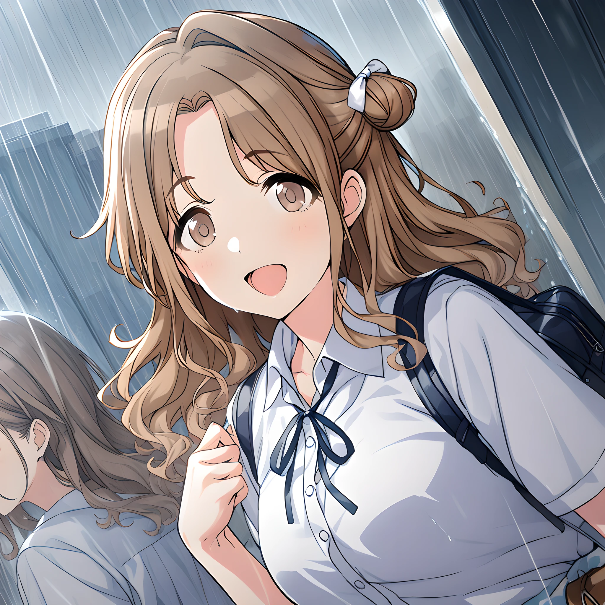 detailed illustration, dynamic angle, ultra-detailed, illustration, 1girl, 18 year old, school girl, wavy brown hair, long hair, bright brown eyes, shocked look, wide eyes, amazed eyes, blush, flush, surprised, standing, outside, backyard, rainstorm, nighttime, looking down at ground, sad, under a tree, tears, wet hair, wet clothes, white shirt, brown skirt