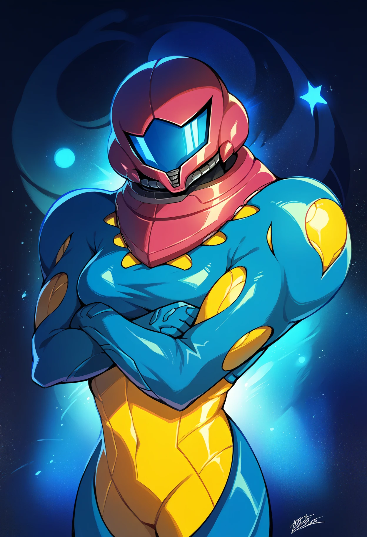 score_9, score_7_up, 1girl, upper body, looking at viewer, crossed arms, <lora:MetroidFusionSuit-pdxl:1> mfus, helmet, assault visor, bodysuit, medium breasts, abstract background, galaxy background